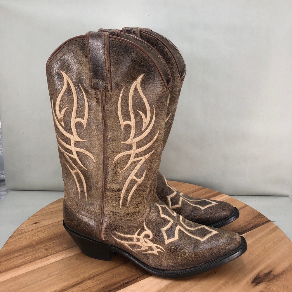 Justin Womens Cafe Snip Toe Brown Leather Cross Western Cowboy Boots 6.5 B